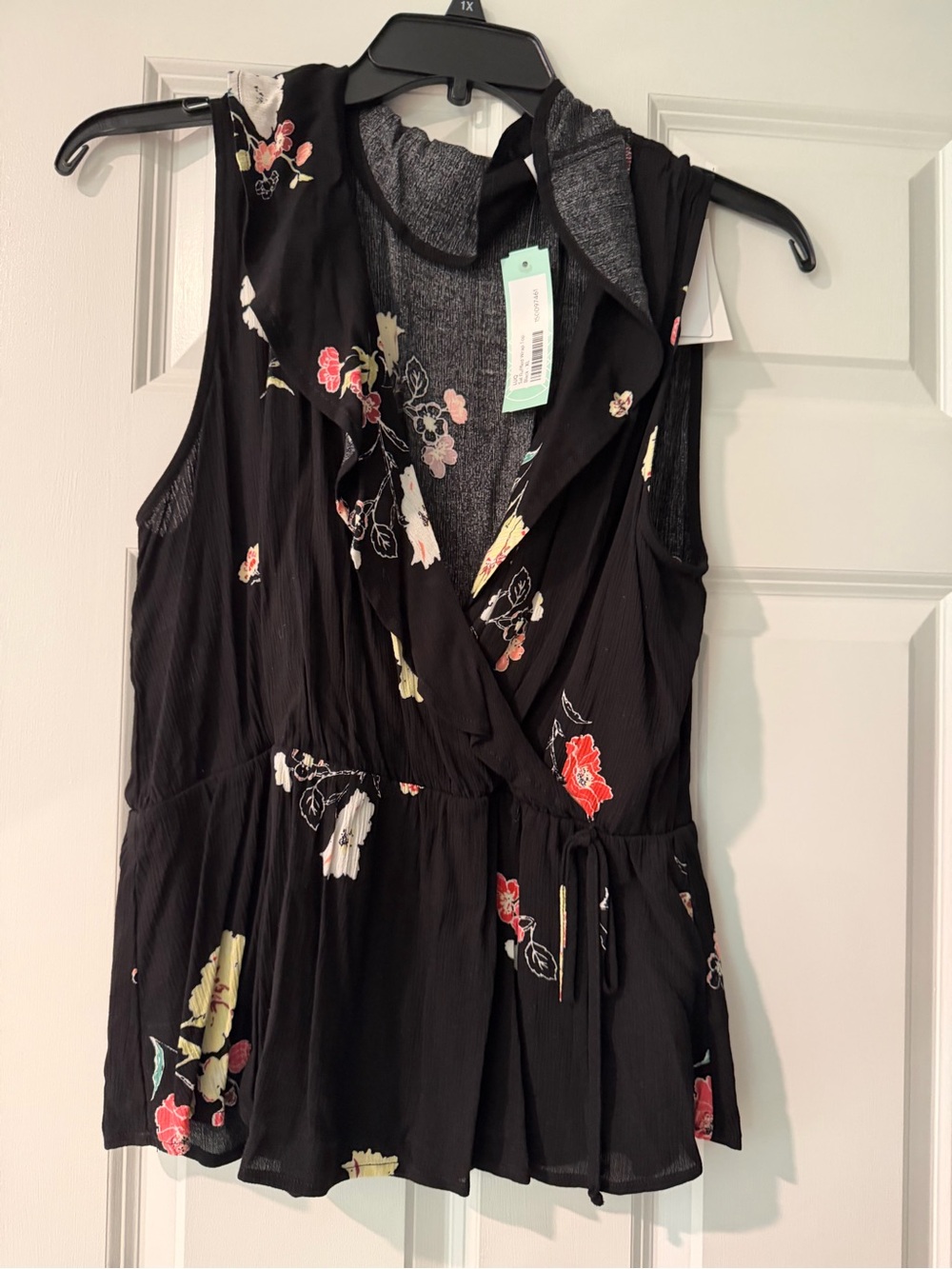Black Floral Sleeveless Wrap Blouse with Elastic Waist